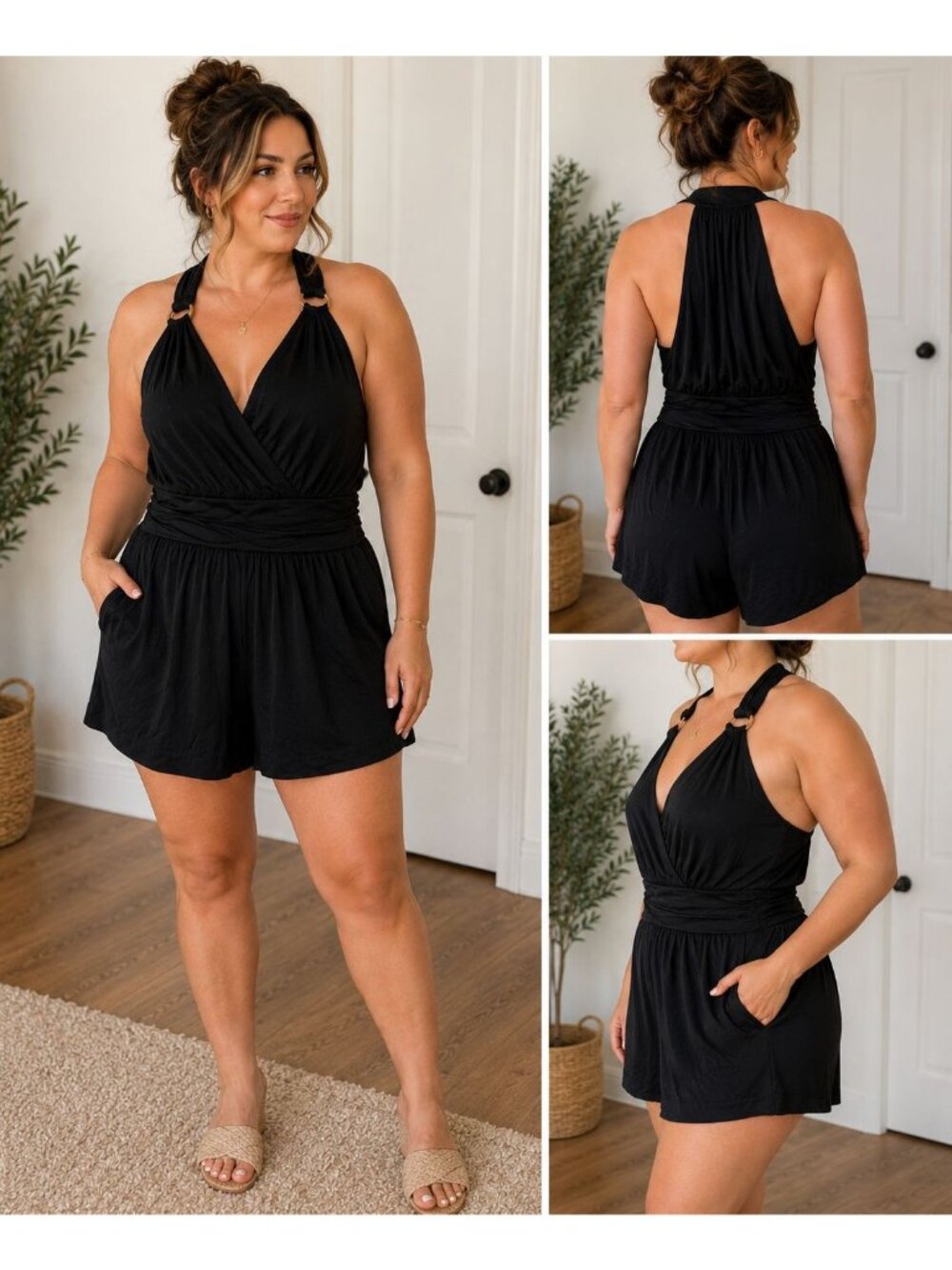 GUESS Black Halter Romper Womens Large Sleeveless Surplice Stretch Dressy Short